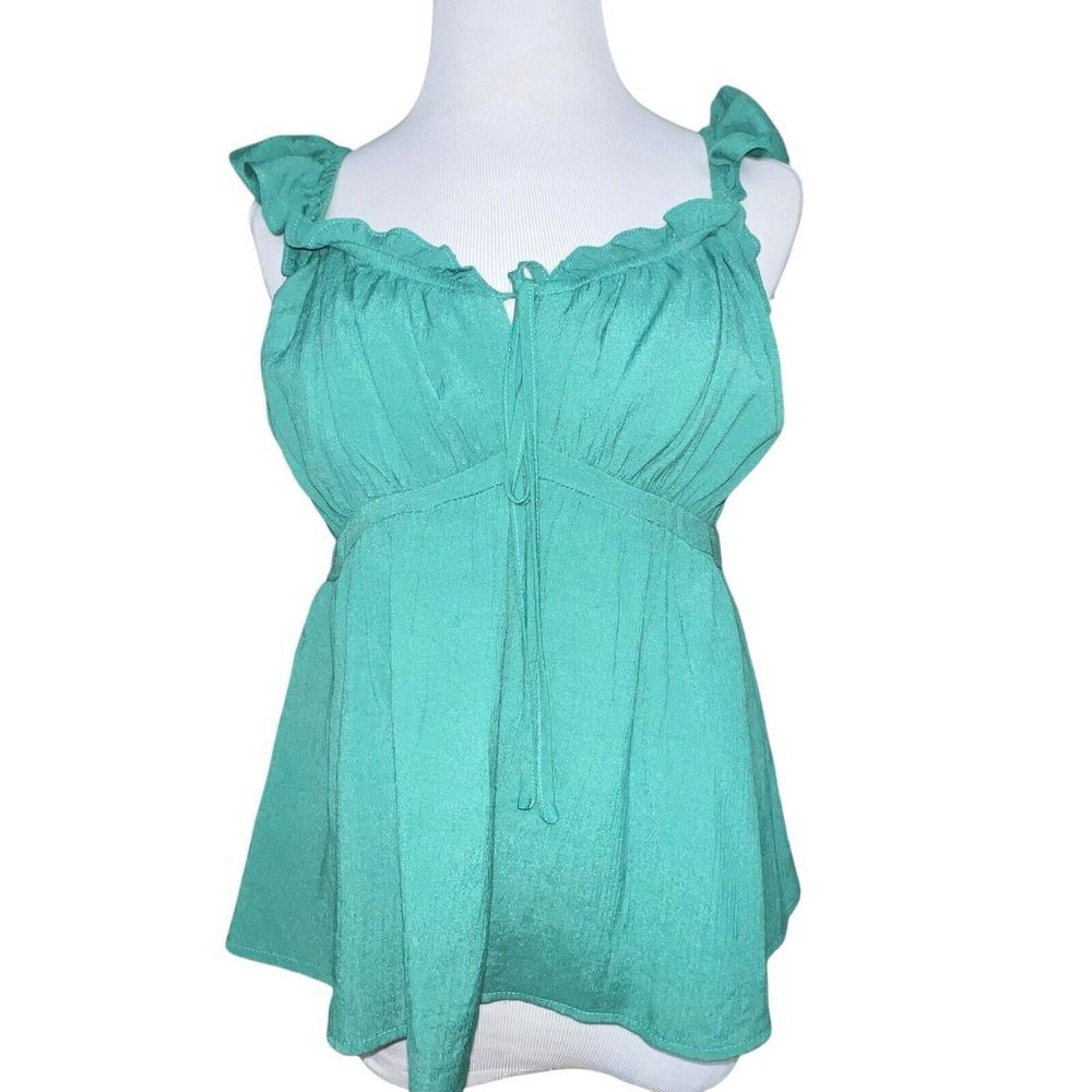 Heatherly Sleeveless Ruby Top Blouse Teal Green‎ Ruffle Smocked Small Front Tie
